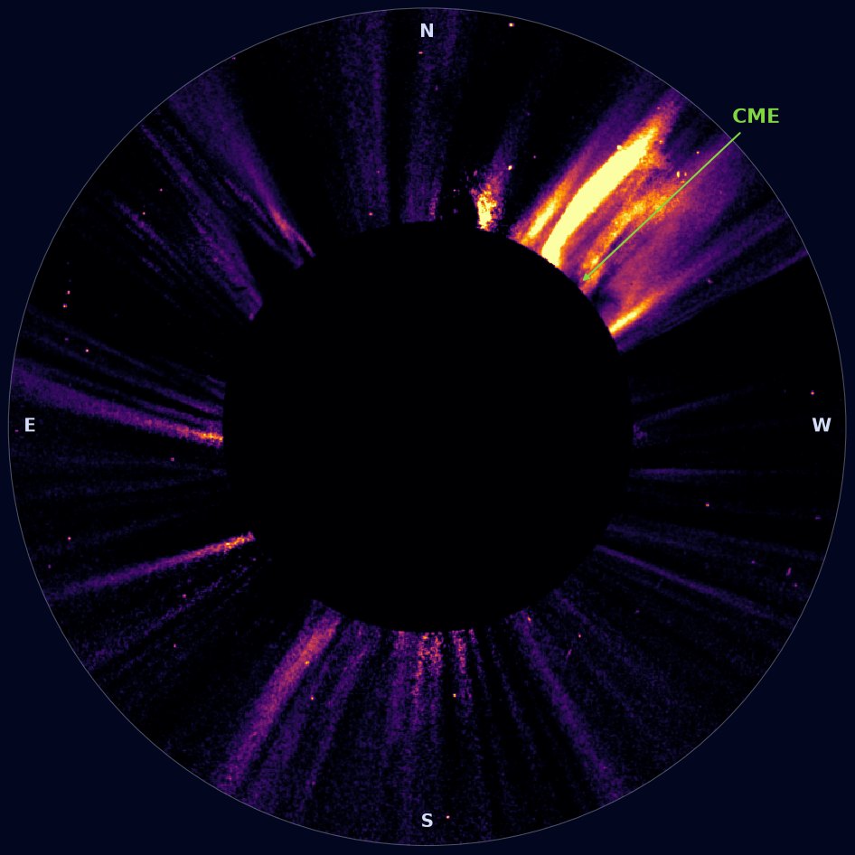 SOHO LASCO C2 running-difference image of a coronal mass ejection off the northwest limb, 14 September 2026